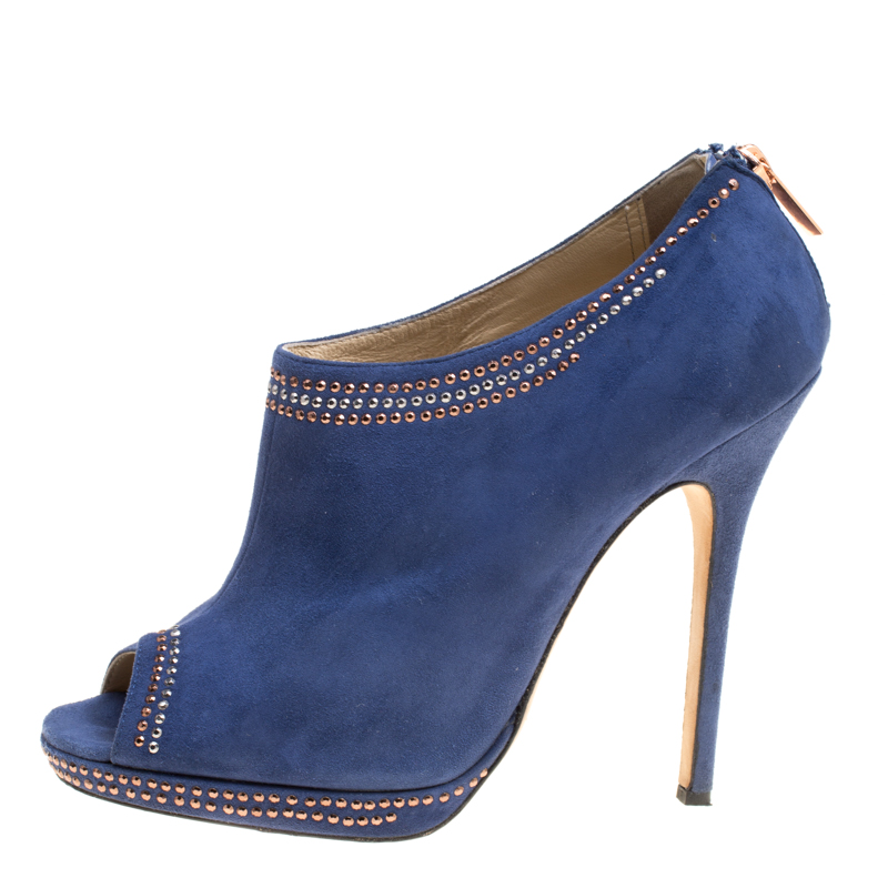 

Jimmy Choo Blue Suede Glint Stud Trim Peep Toe Ankle Booties Size