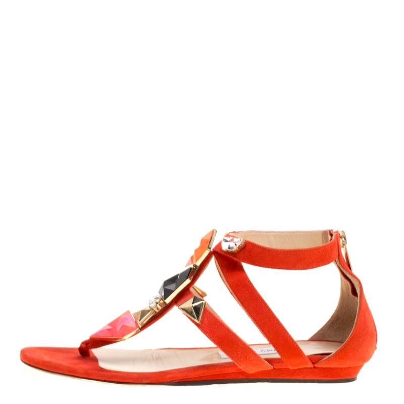 

Jimmy Choo Orange Suede Agave Crystal Embellished T Strap Flat Sandals Size