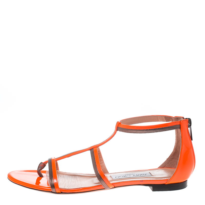 

Jimmy Choo Neon Orange Patent Leather Tabitha T Straps Flat Sandals Size