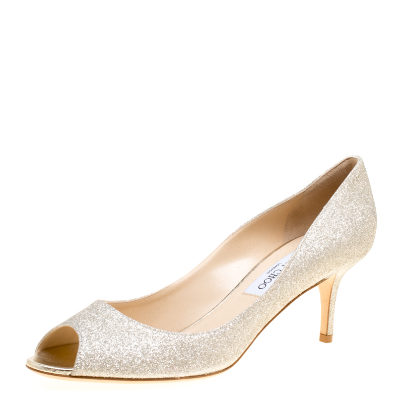 Pre Owned Jimmy Choo Gold Glitter Isabel Peep Toe Pumps Size 41