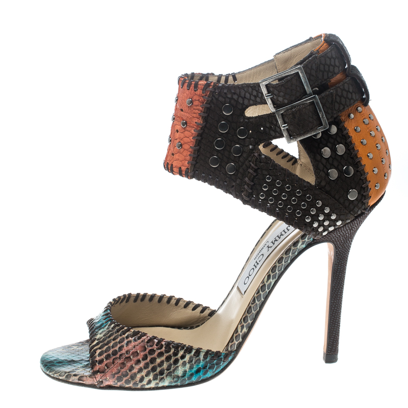 

Jimmy Choo Multicolor Studded Snakeskin Ankle Strap Sandals Size