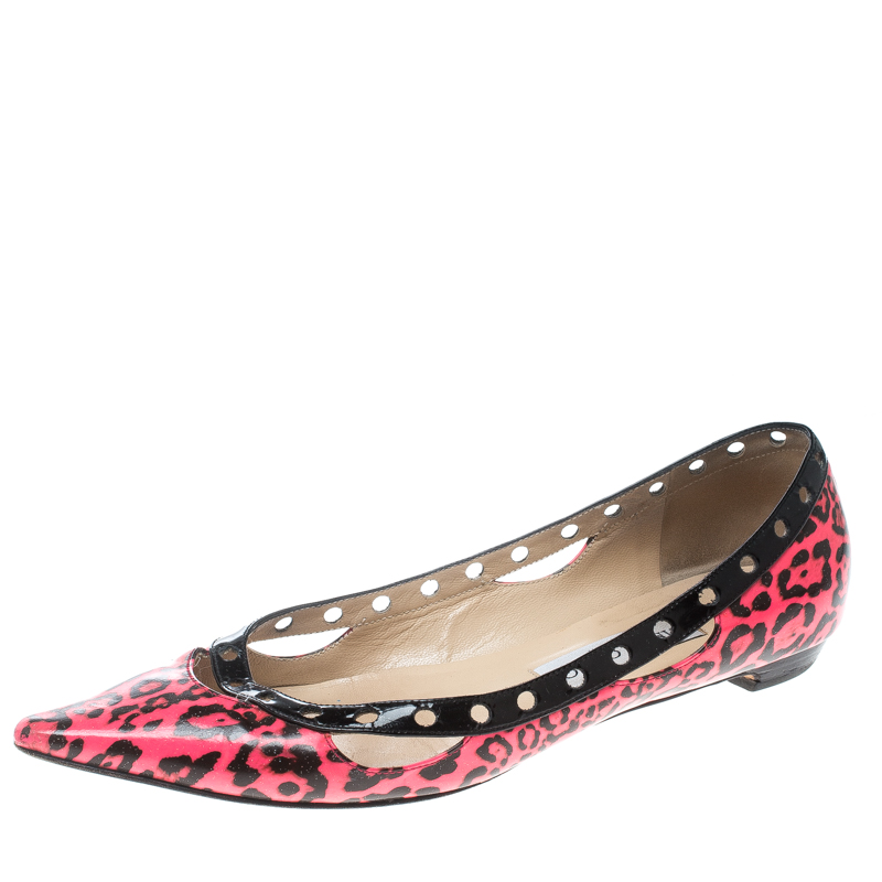 Jimmy Choo Pink/Black Leopard Print Patent Leather Ballet Flats Size 38.5