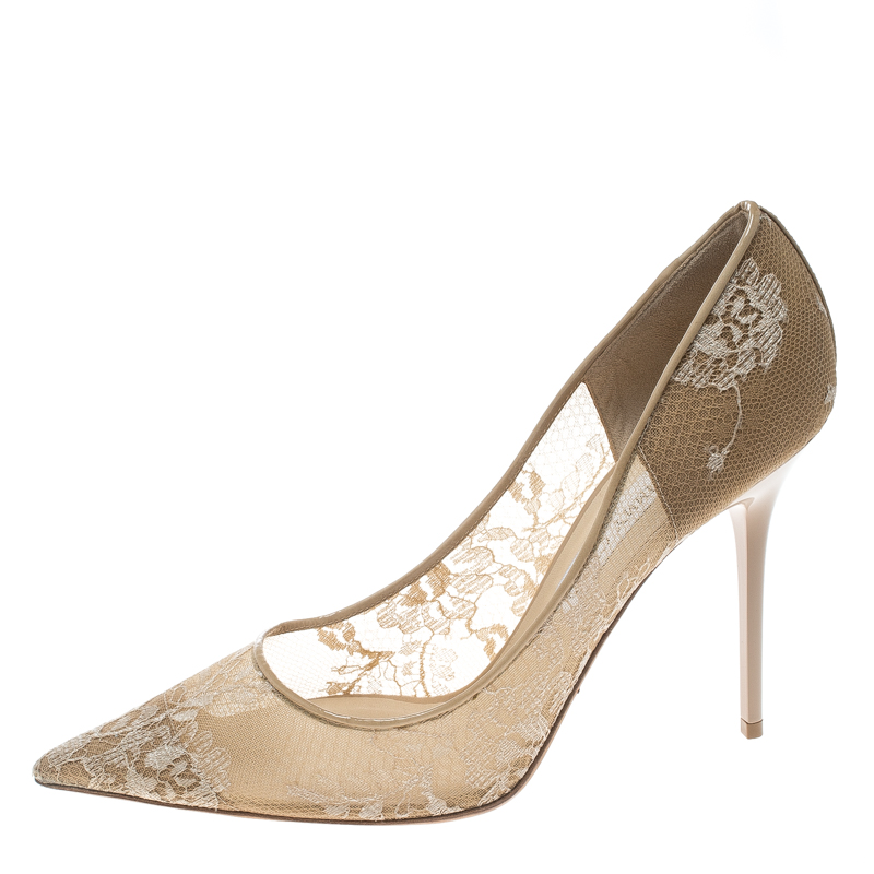 

Jimmy Choo Beige Lace and Patent Leather Abel Pointed Toe Pumps Size