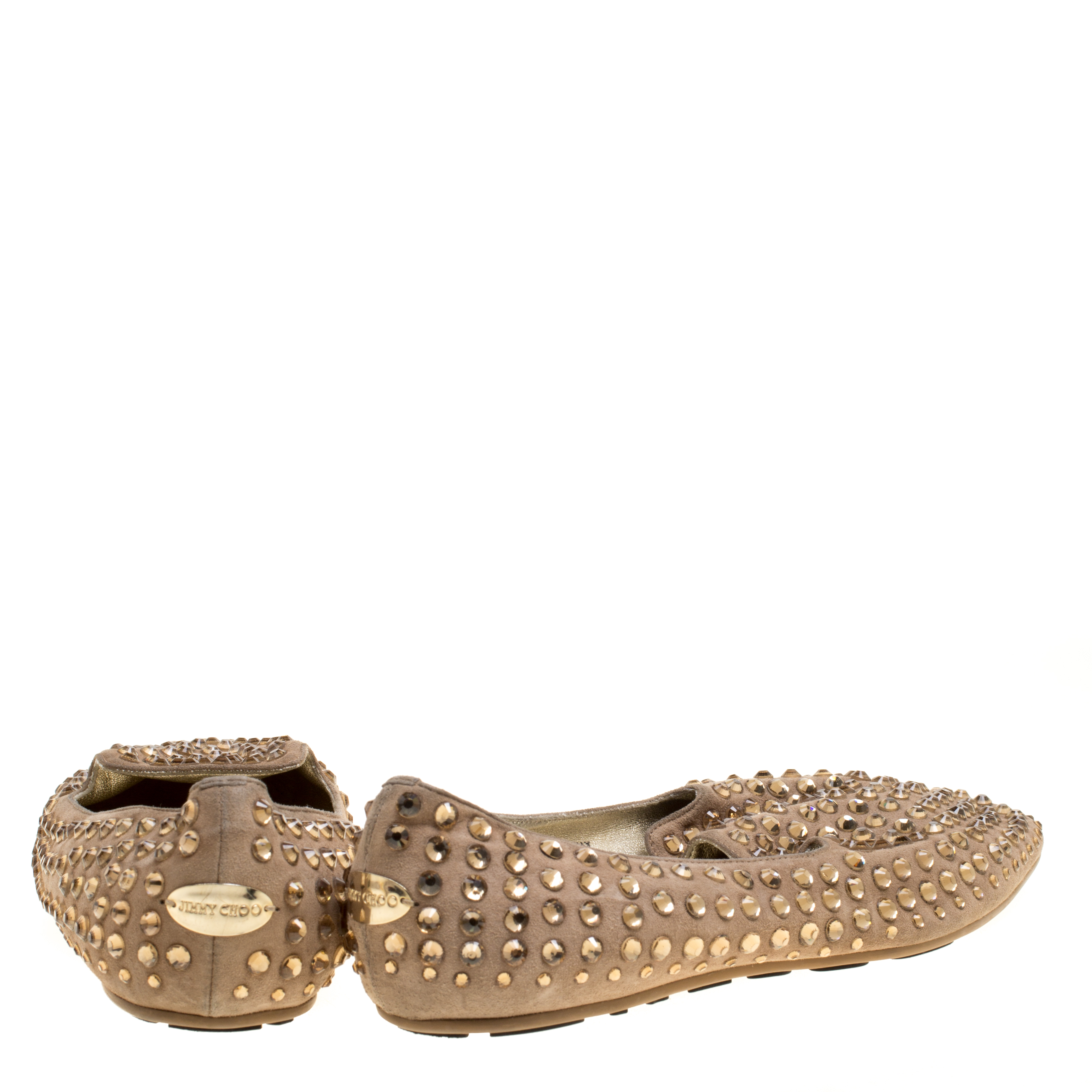 Pre-owned Jimmy Choo Beige Suede Wheel Crystal Studded Smoking Slippers Size 38.5