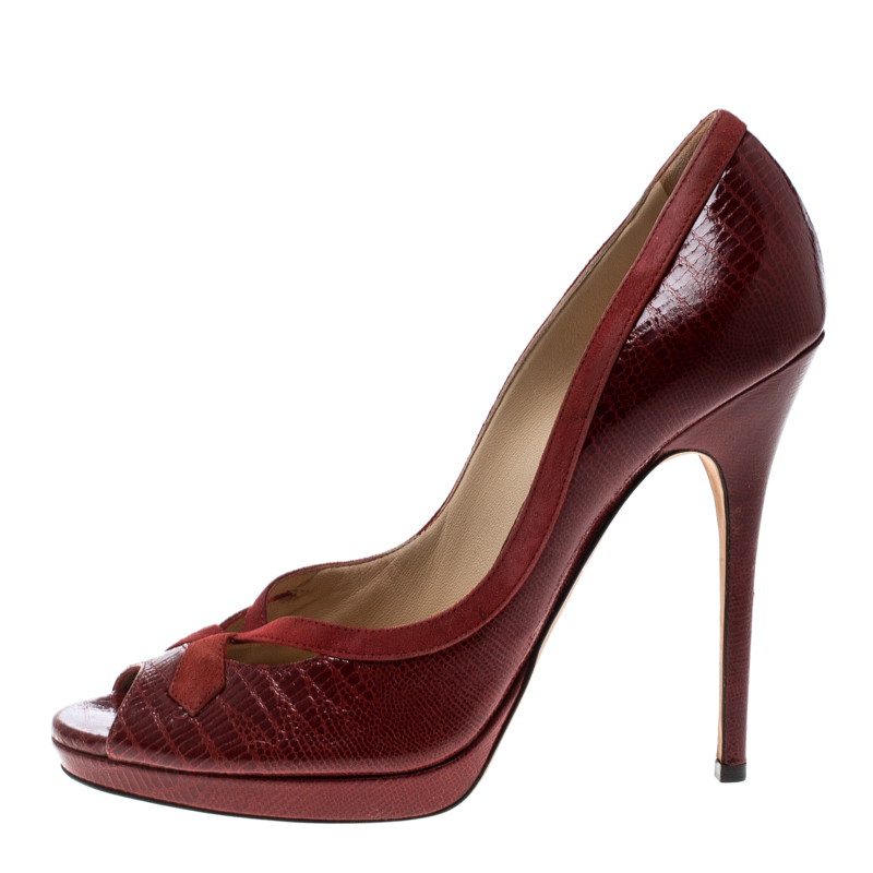 Jimmy Choo Red Embossed Lizard Patent Leather And Suede Trim Peep Toe Platform Pumps Size