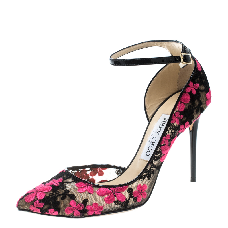 Jimmy Choo Two Tone Floral Embroidered Mesh Lucy Pointed Toe Ankle 