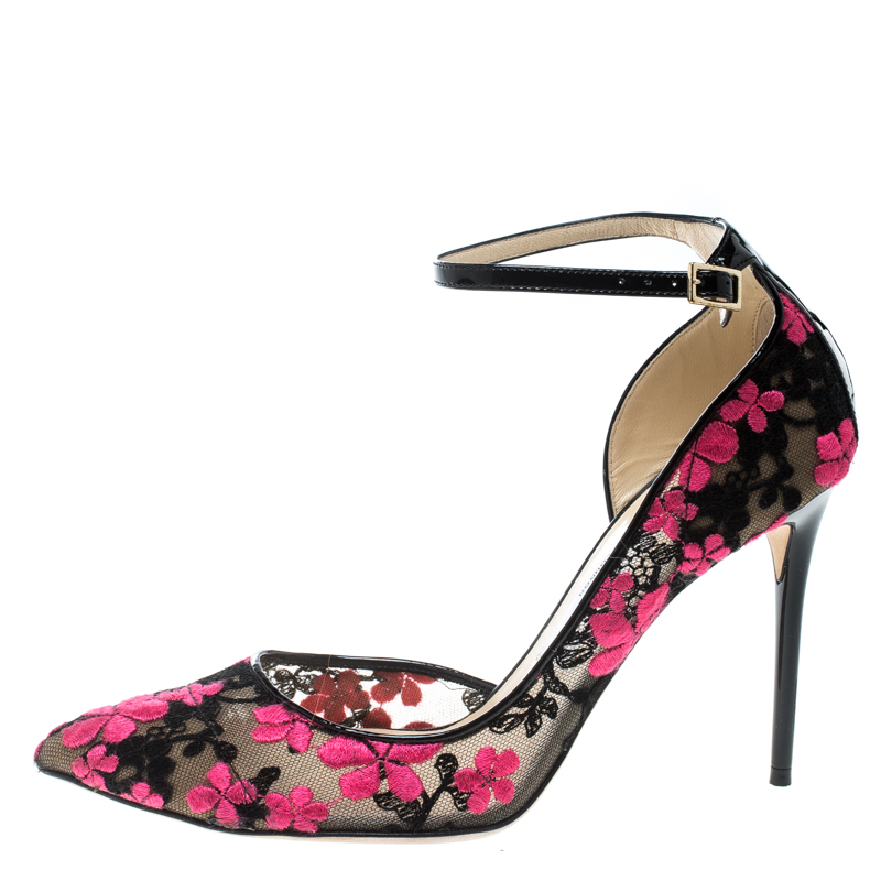 Pre Owned Jimmy Choo Two Tone Floral Embroidered Mesh Lucy Pointed Toe Ankle Strap D'orsay Pumps Size 37