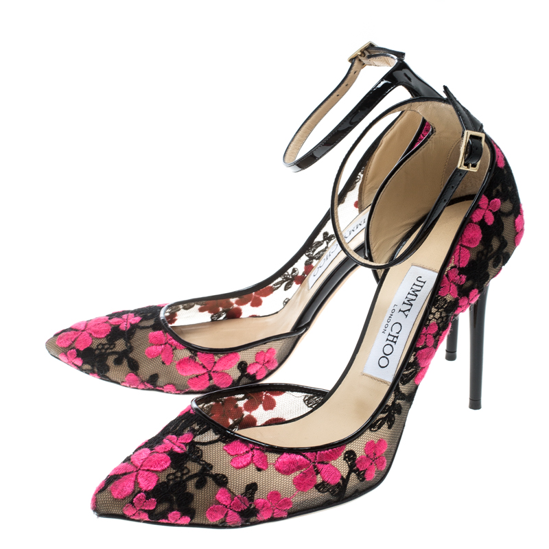 Pre Owned Jimmy Choo Two Tone Floral Embroidered Mesh Lucy Pointed Toe Ankle Strap D'orsay Pumps Size 37