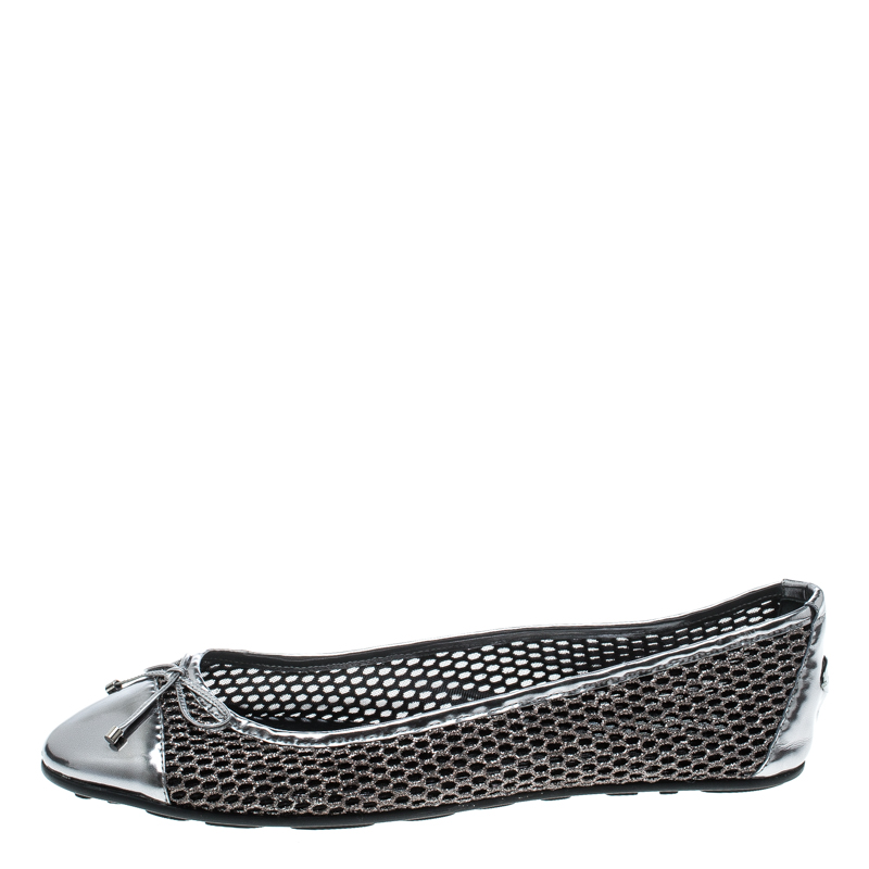 

Jimmy Choo Metallic Silver Mesh And Leather Cap Toe Bow Detail Ballet Flats Size