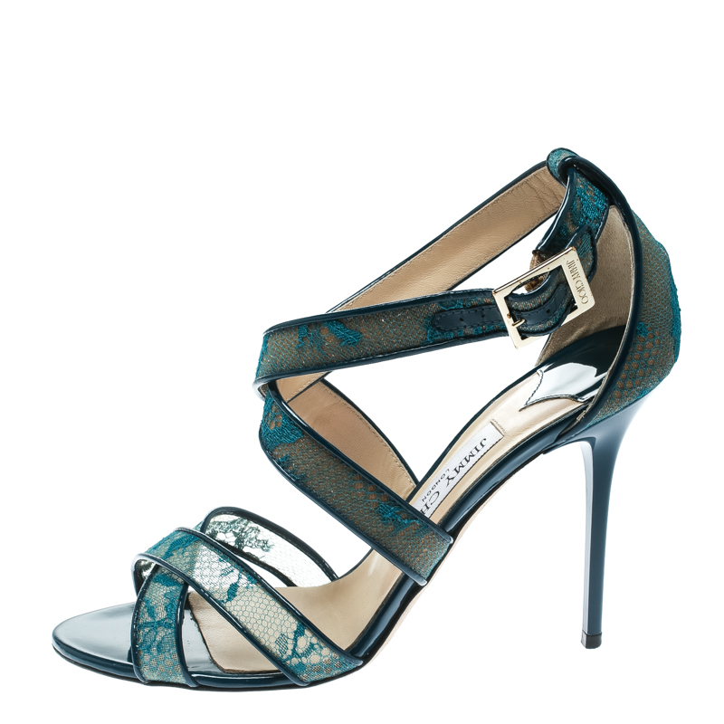 

Jimmy Choo Blue Lace and Patent Leather Lottie Strappy Sandals Size