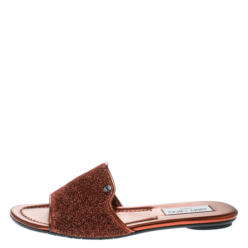 

Jimmy Choo Metallic Pop Orange Lurex Fabric Nanda Flat Slides Size