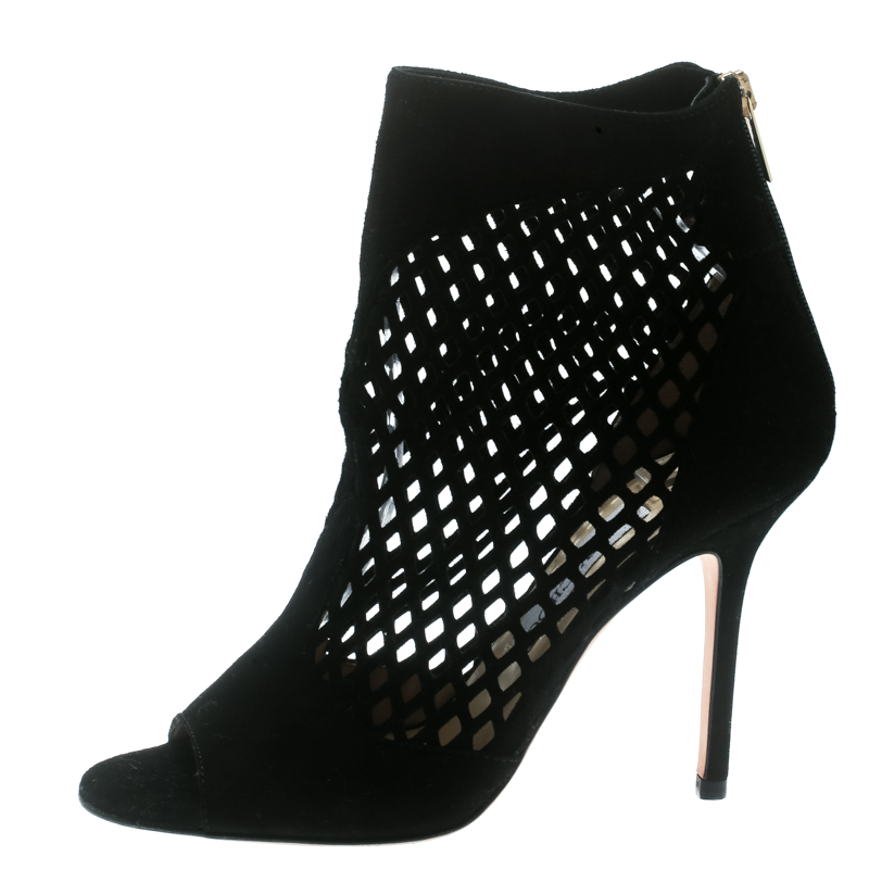 

Jimmy Choo Black Suede Lasercut Peep Toe Ankle Boots Size