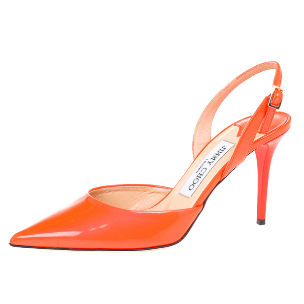 Pre Owned Jimmy Choo Orange Patent Tilly Slingback Sandals Size 37