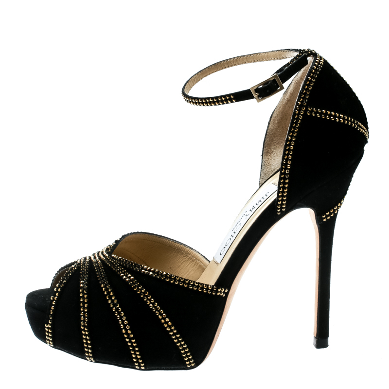 

Jimmy Choo Black Suede Crystal Embellished Kalpa Ankle Strap Platform Sandals Size 35