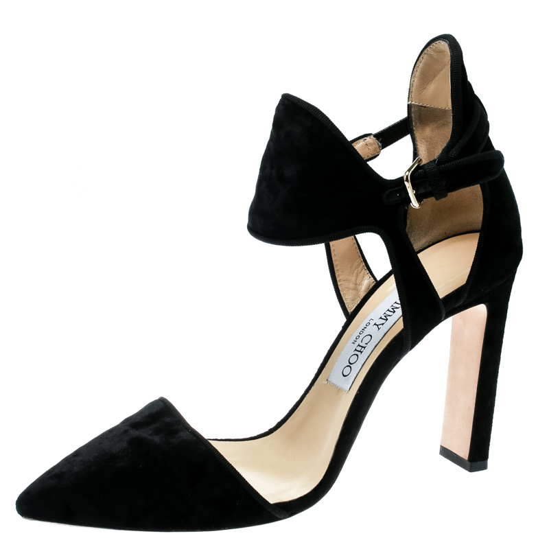 Pre Owned Jimmy Choo Black Velvet Moon Cut Out Pointed Toe Pumps Size 38