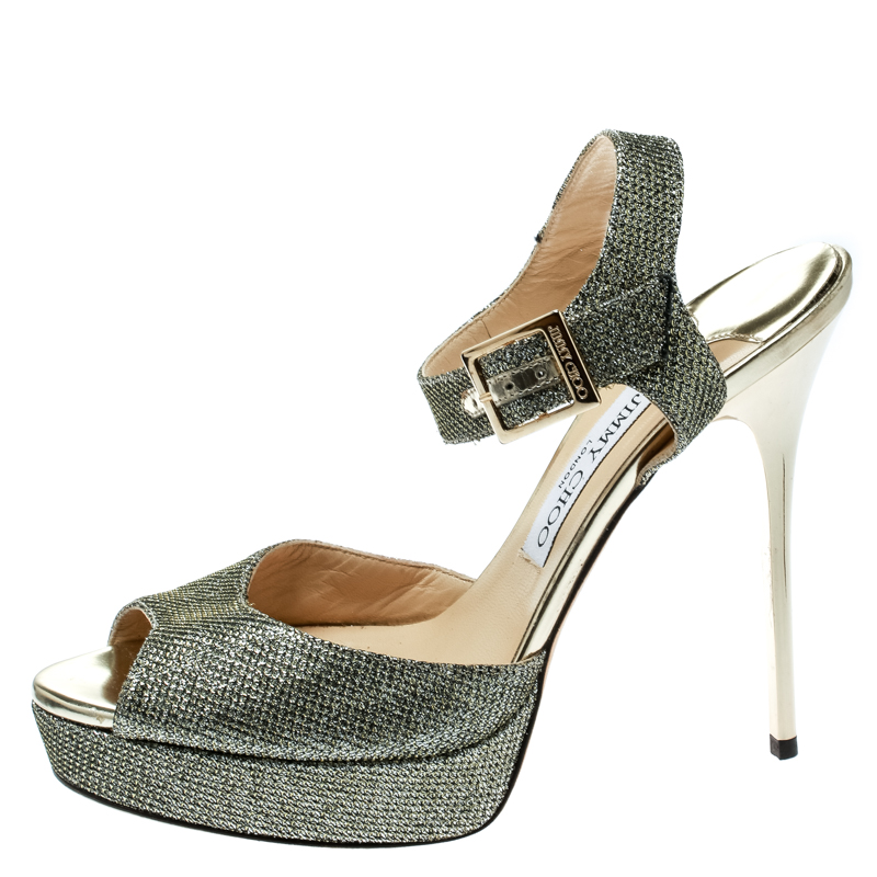 

Jimmy Choo Metallic Gold Lame Fabric Peep Toe Platform Sandals Size