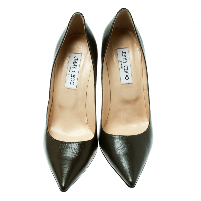 Pre Owned Jimmy Choo Olive Green Leather Pointed Toe Pumps Size 39