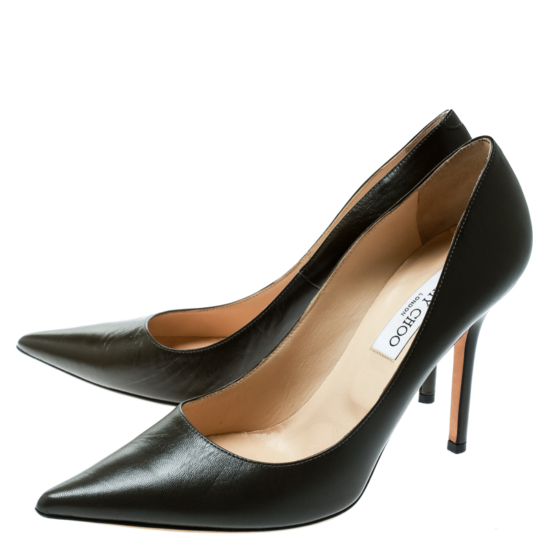 Pre Owned Jimmy Choo Olive Green Leather Pointed Toe Pumps Size 39