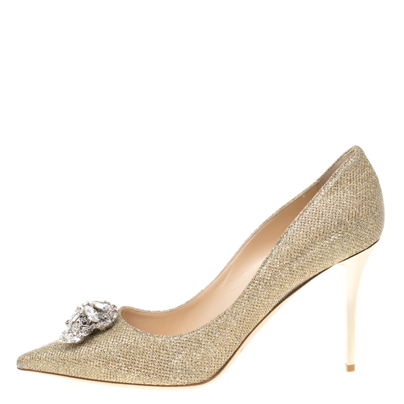 

Jimmy Choo Metallic Gold Lamè Glitter Fabric Mamey Crystal Embellished Pointed Toe Pumps Size