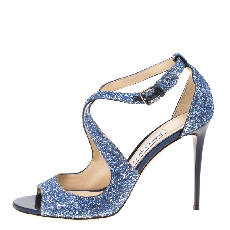 

Jimmy Choo Blue Coarse Glitter Emily Cross Ankle Strap Sandals Size