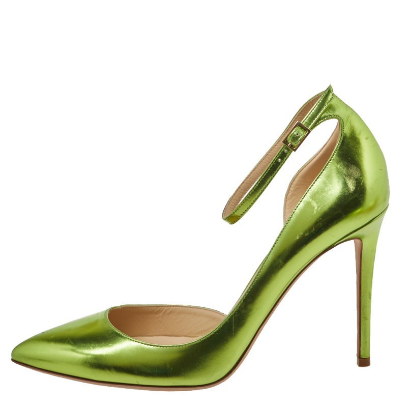 

Jimmy Choo Metallic Apple Green Leather Rosa Ankle Strap Pointed Toe D'orsay Pumps Size