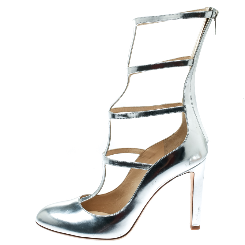 

Jimmy Choo Metallic Silver Leather Dundee Cage Pumps Size