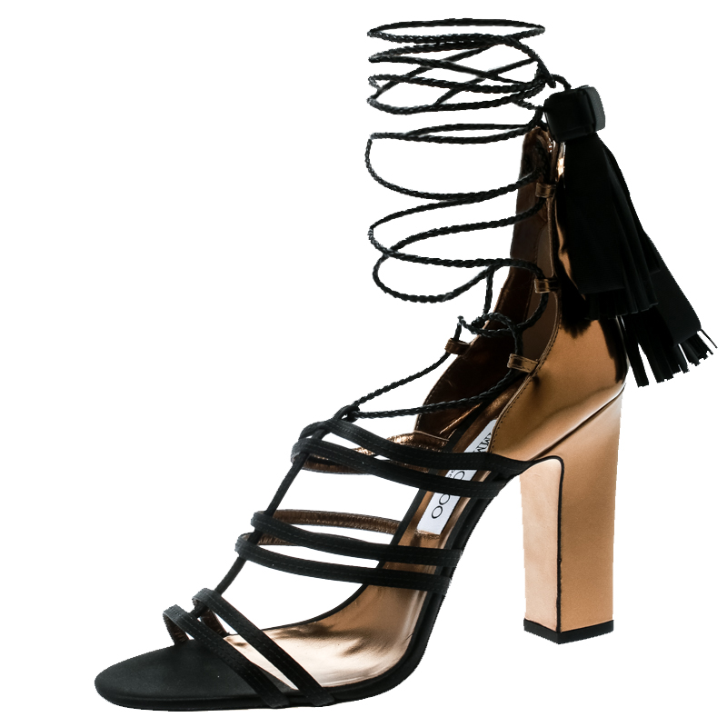 

Jimmy Choo Black Satin and Metallic Bronze Leather Diamond Ankle Tie Up Sandals Size