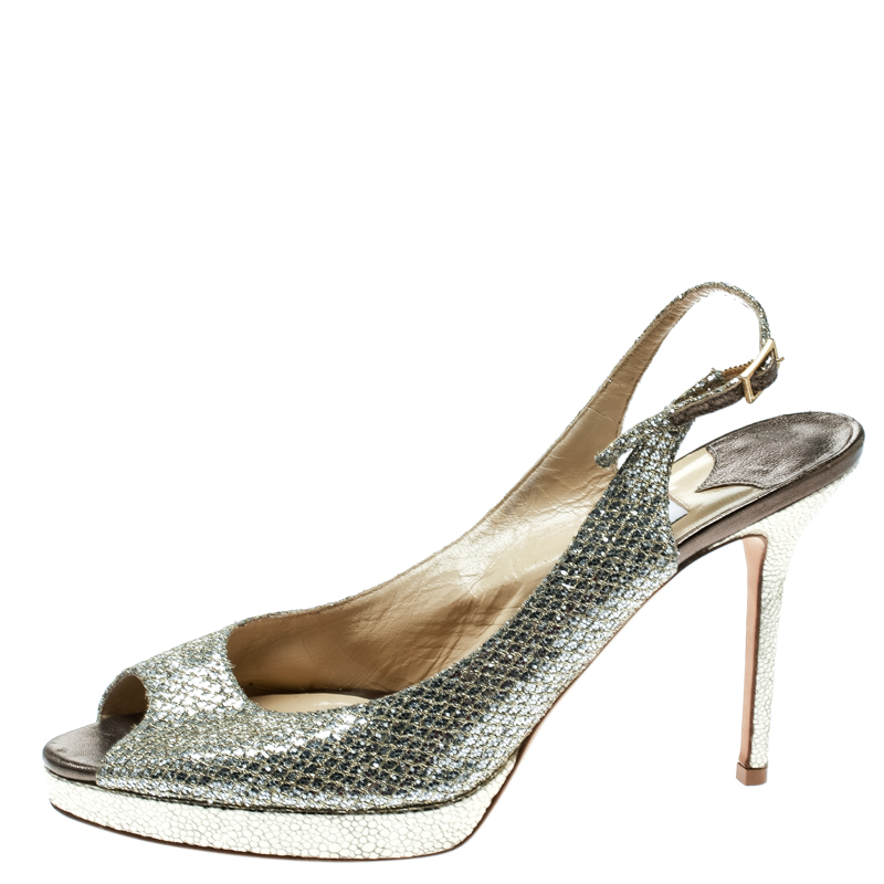 

Jimmy Choo Metallic Gold Glitter Fabric Clue Peep Toe Platform Slingback Sandals Size