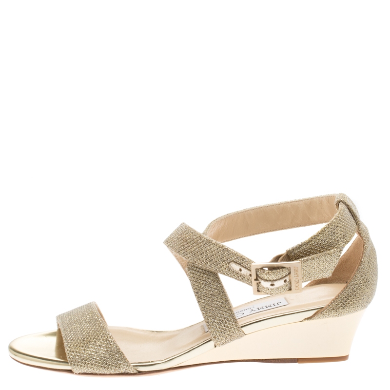 

Jimmy Choo Metallic Gold Glitter Fabric Chiara Cross Strap Open Toe Sandals Size