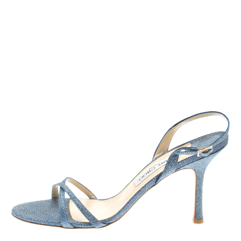 

Jimmy Choo Blue Textured Leather Jag Cross Strap Slingback Open Toe Sandals Size