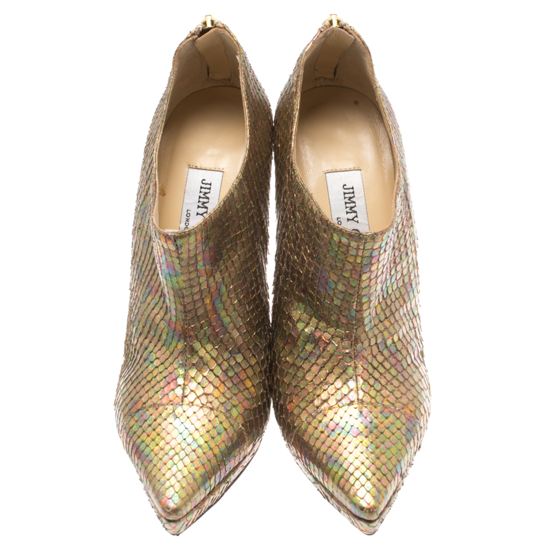Pre-owned Jimmy Choo Metallic Gold Rainbow Python Leather George Pointed Toe Ankle Booties Size 36.5