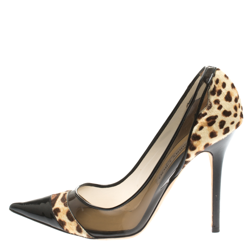 

Jimmy Choo Black Leather And Leopard Print Pony Hair Binnis Pointed Toe Pumps Size