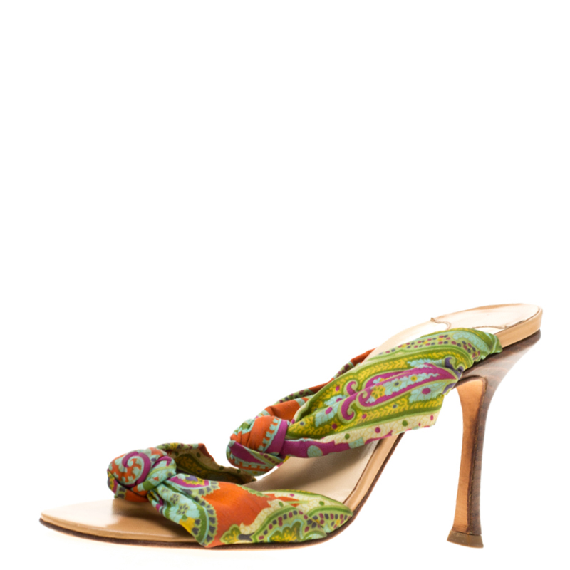 

Jimmy Choo Multicolor Fabric Knot Slide Sandals Size