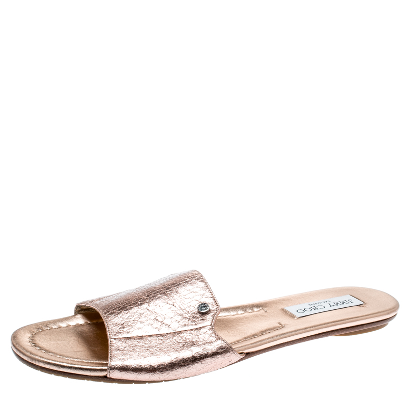 Jimmy Choo Metallic Rose Gold Python Embossed Leather Nanda Slides Size 41 Jimmy Choo Tlc