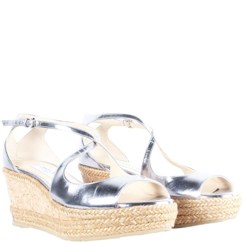 

Jimmy Choo Silver Metallic Leather Espadrille Wedge Sandals Size