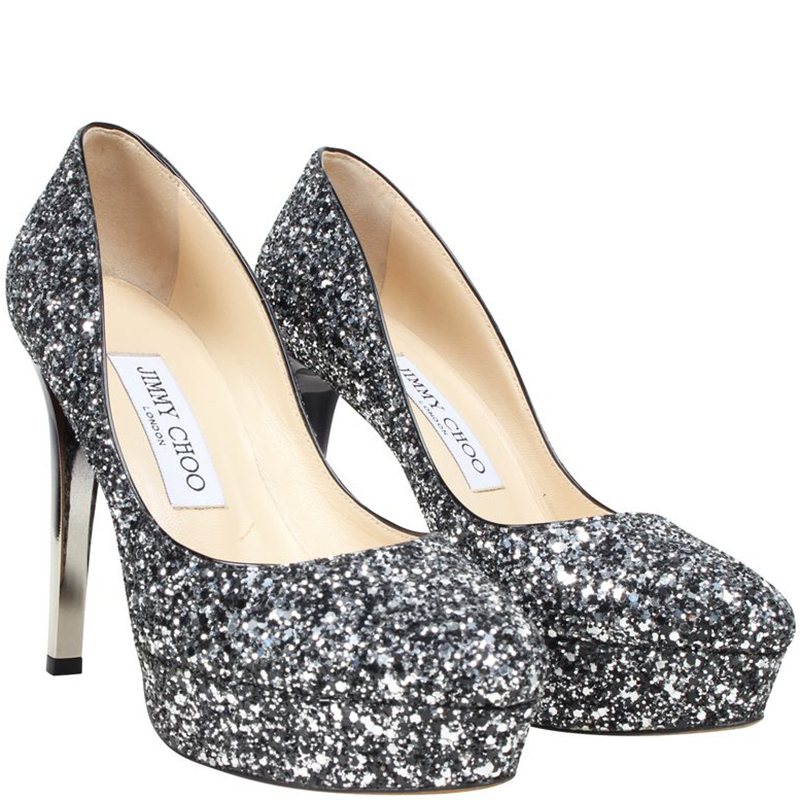 

Jimmy Choo Black Glitter Alex Platform Pumps Size