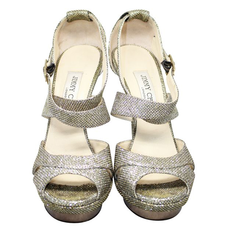 

Jimmy Choo Silver Glitter Strappy Platform Sandals Size