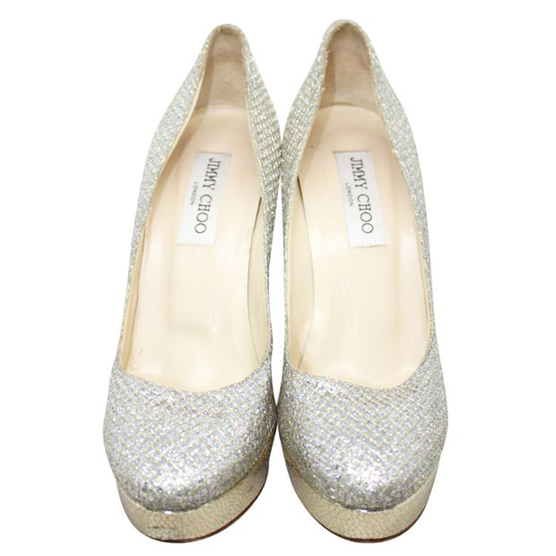 

Jimmy Choo Silver Sequin Platform Pumps Size