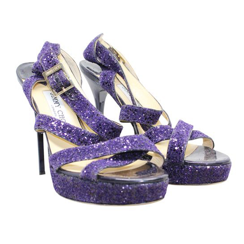 

Jimmy Choo Purple Glitter Canvas Criss Cross Vamp Sandals Size, Metallic