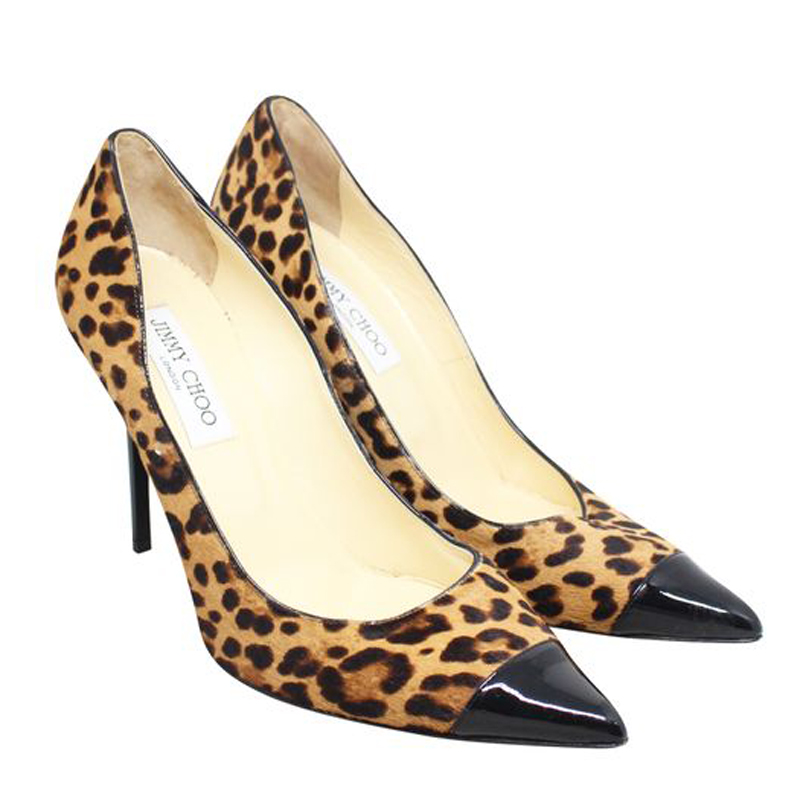 

Jimmy Choo Brown Leopard Print Pony Hair and Patent Leather Point Toe Pumps Size