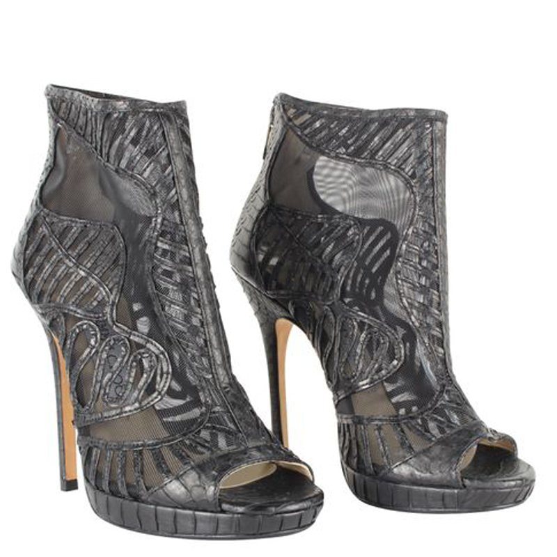 

Jimmy Choo Black Python Mesh Peep Toe Boots Size