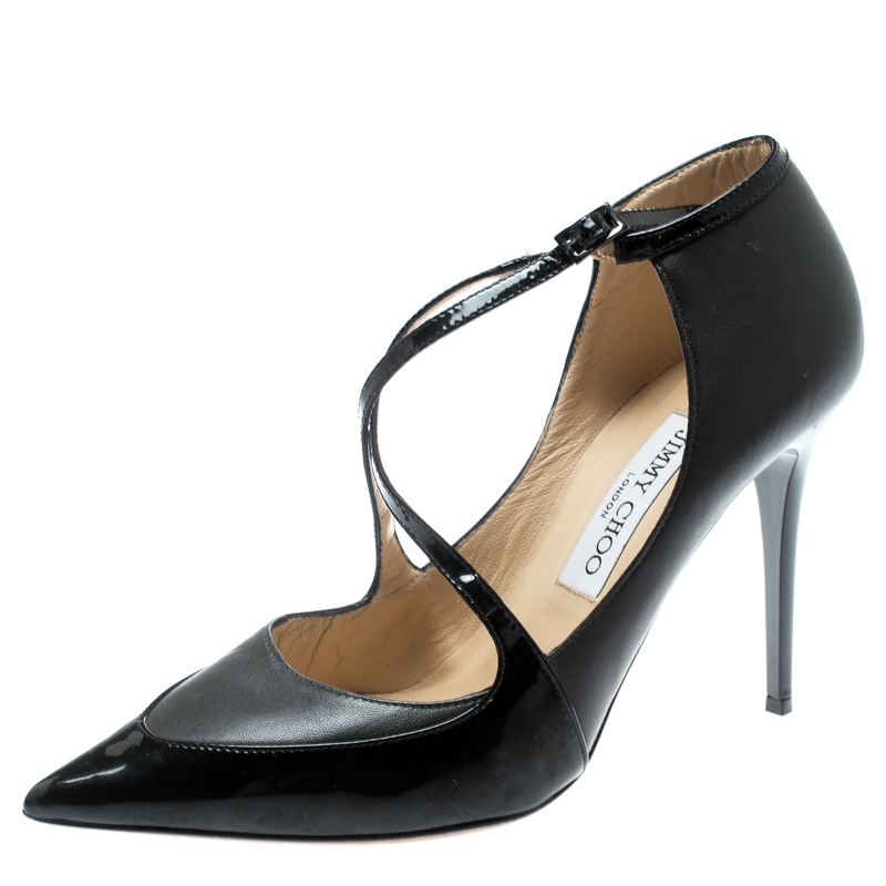 Pre Owned حذاء كعب عالي جيمي تشو مقدمة مدببة سيور متعاكسة ماديرا جلد أسود مقاس 38