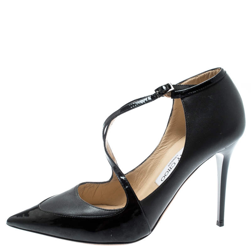 

Jimmy Choo Black Leather Madera Cross Strap Pointed Toe Pumps Size