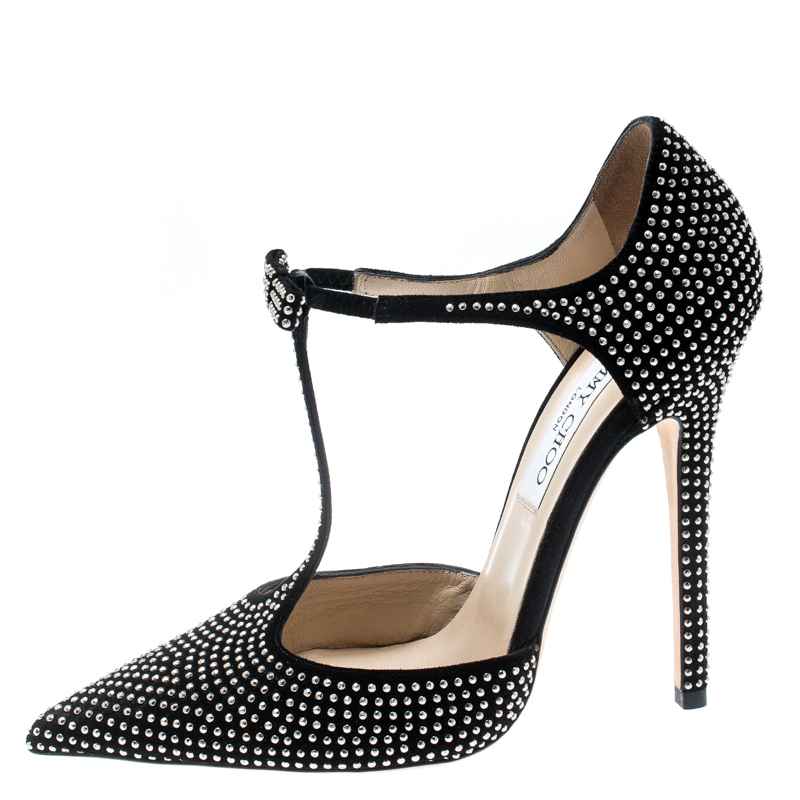 

Jimmy Choo Black Studded Suede Talan T Strap Pointed Toe Pumps Size