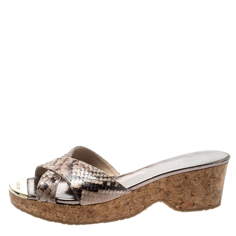 

Jimmy Choo Two Tone Python Embossed Leather Panna Cork Slides Size, Brown