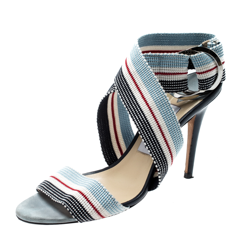 Pre Owned Jimmy Choo Multicolor Canvas Bailey Ankle Wrap Sandals Size 38