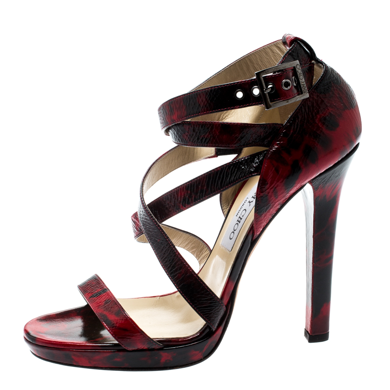 

Jimmy Choo Red/Black Abstract Print Patent Leather Double Cross Strap Sandals Size