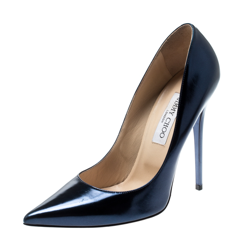 Pre Owned Jimmy Choo Metallic Denim Blue Mirror Leather Anouk Pointed Toe Pumps Size 40