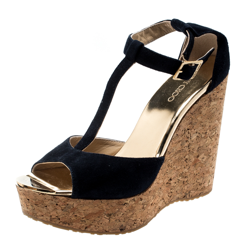 Pre Owned Jimmy Choo Blue Suede Leather Pania Cork Wedge T Strap Sandals Size 39