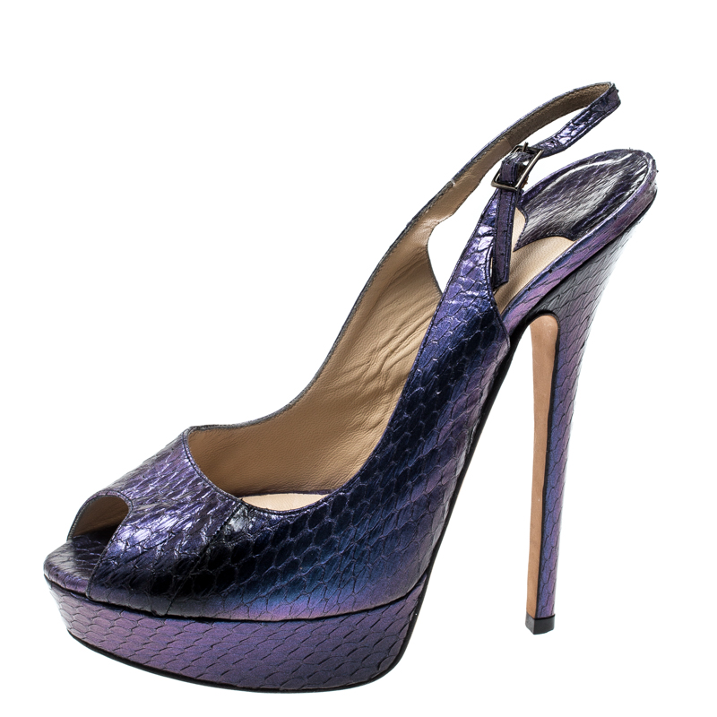 Jimmy Choo Metallic Purple Python Vita Peep Toe Platform Slingback Sandals Size